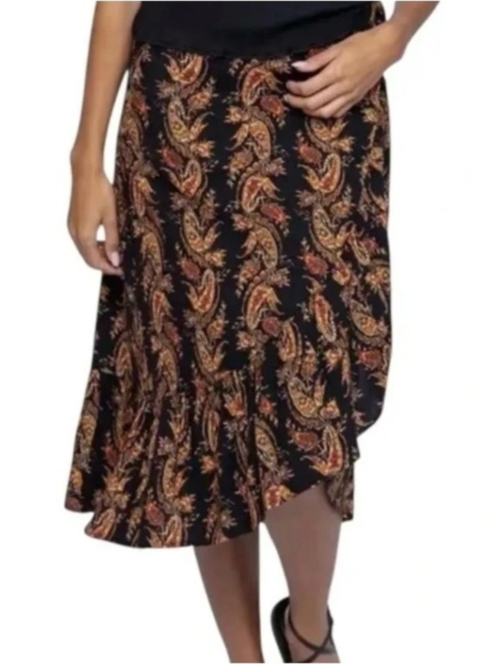 Natural Life NWT Sabrina Black Paisley Ruffle Hem Midi Skirt size L
